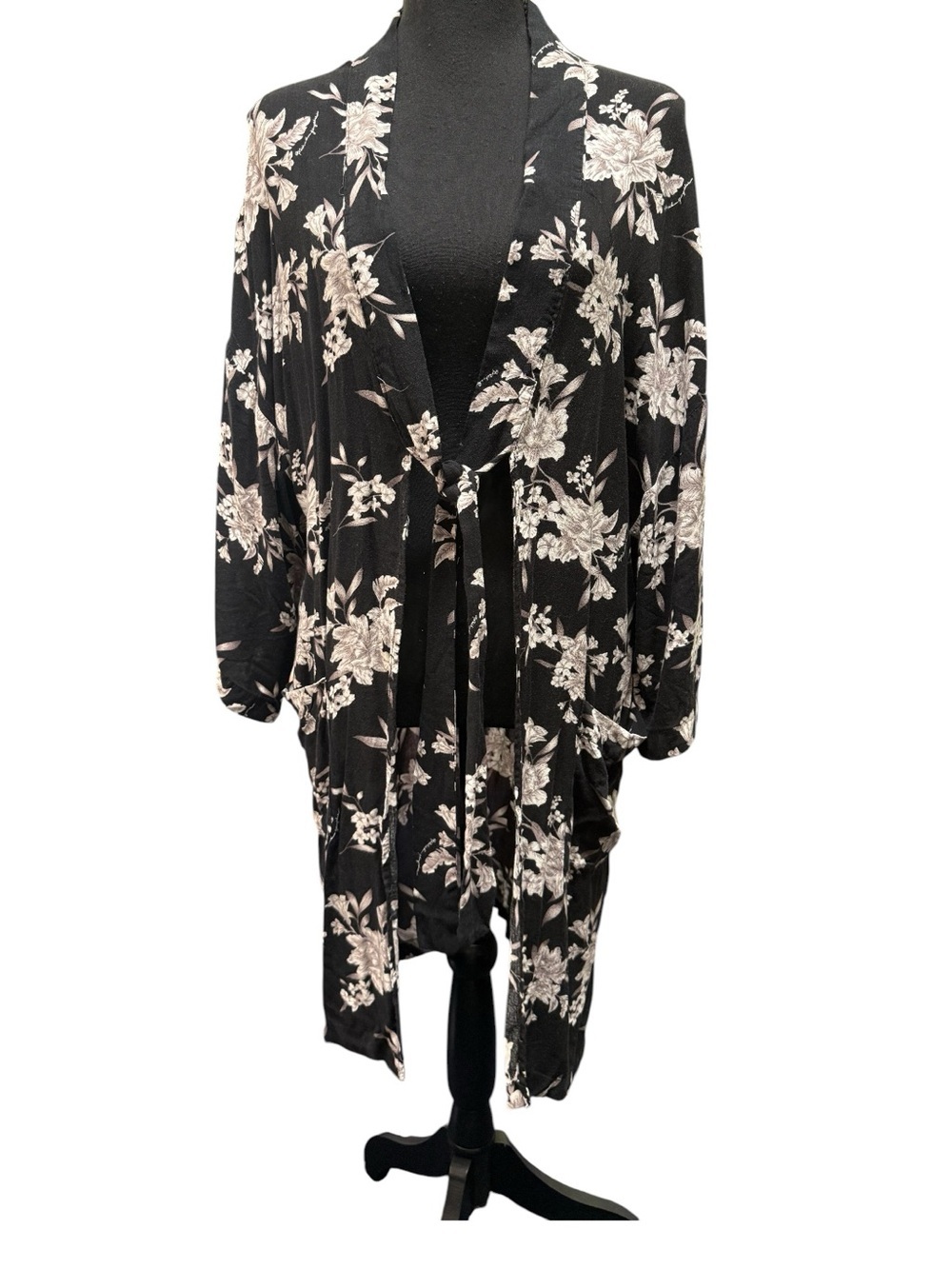 Spiritual Gangster Black coverup with Cream Floral Tie Front